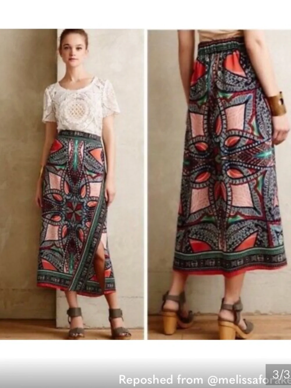 New Anthropologie 100% Silk Geometic Jewel Tone Wrap Midi Skirt. Slit. Size 10 - Picture 2 of 13